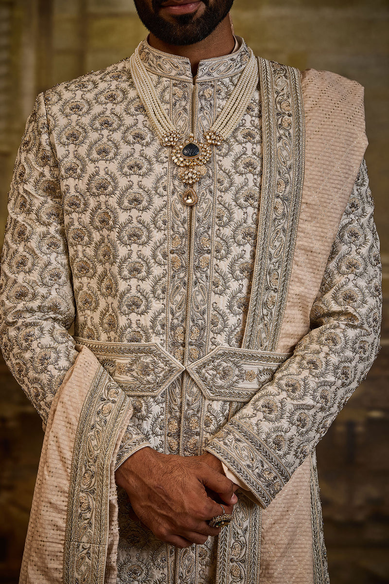 IVORY TAFFETA SILK SHERWANI BEIGE FRENCH KNOTS AND ZARDOZI WORK