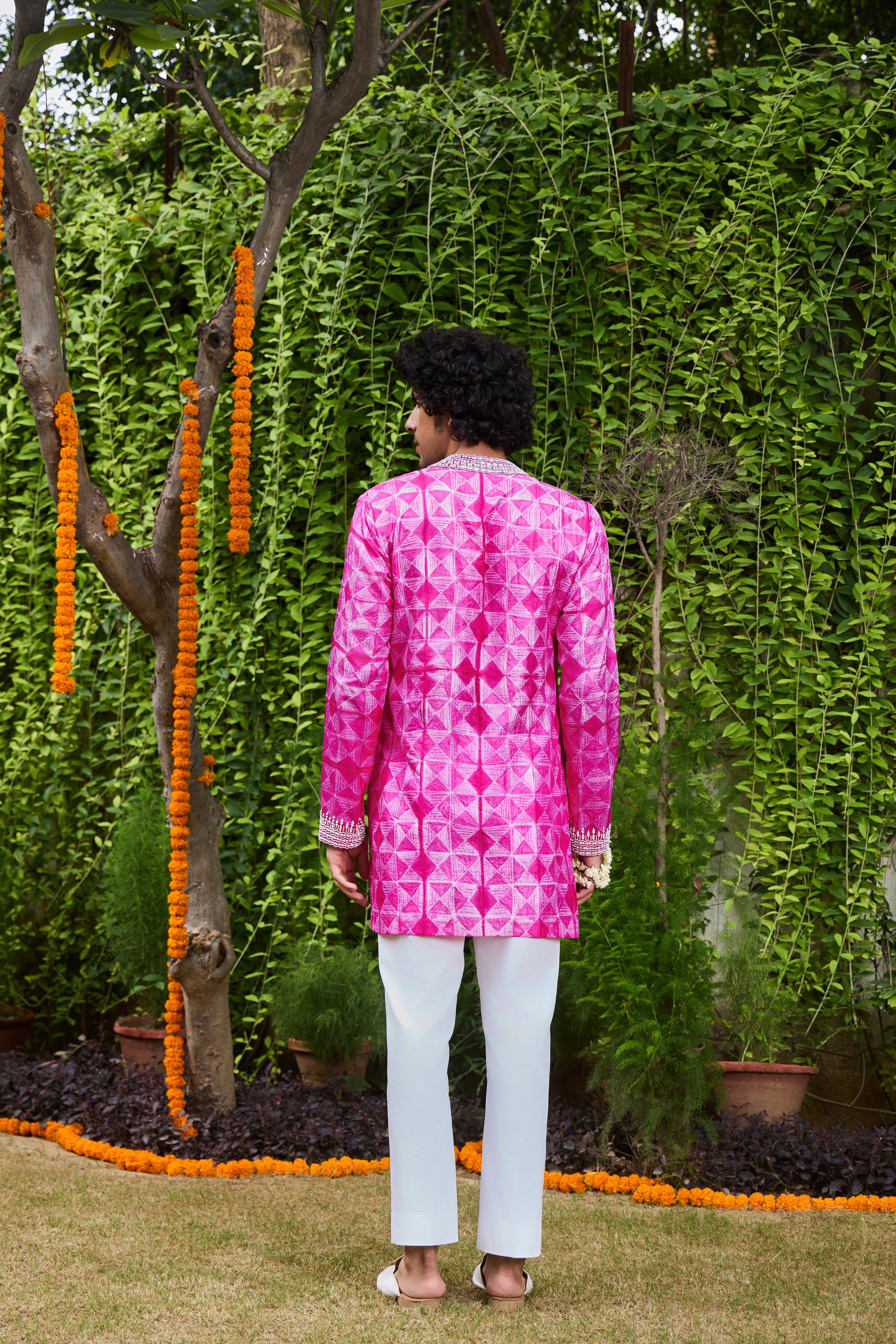 Fuschia Shibori Tie-Dye Embroidery Silk Kurta Trouser Set