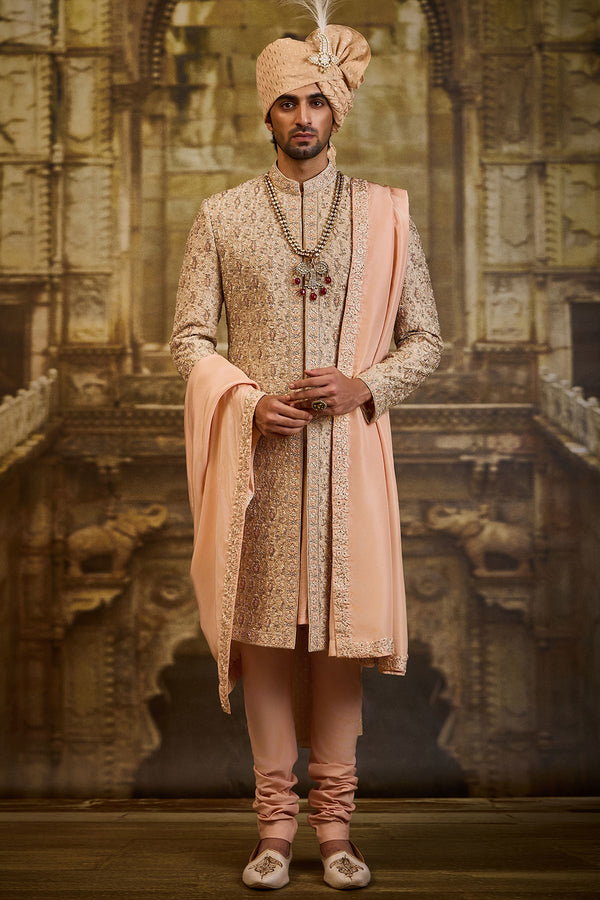 PEACH TWILL TISSUE BROCADE SHERWANI SET