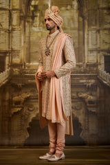 PEACH TWILL TISSUE BROCADE SHERWANI SET