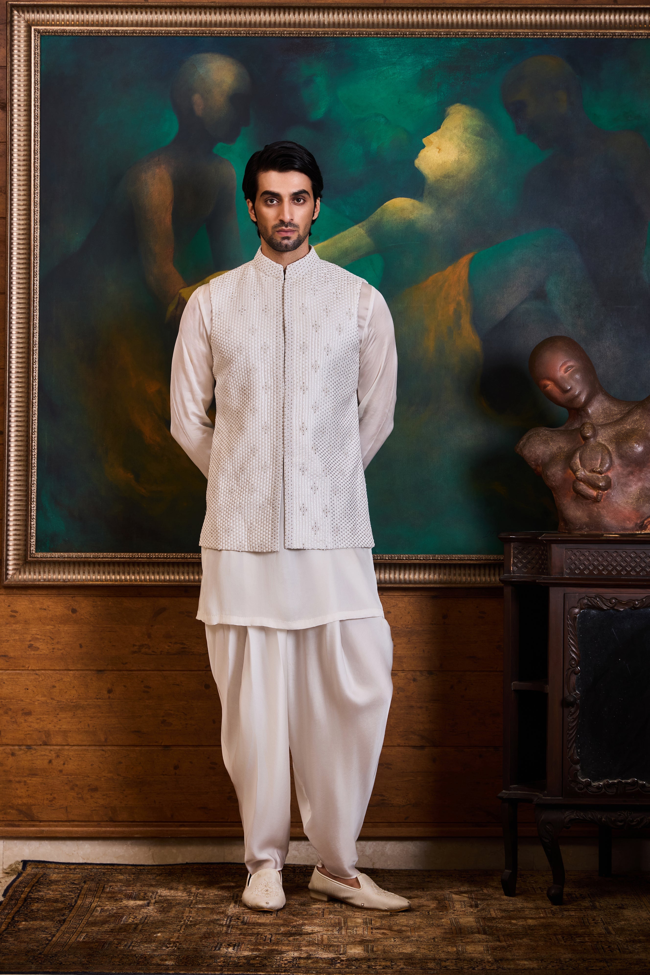 White Bundi Kurta Dhoti Set