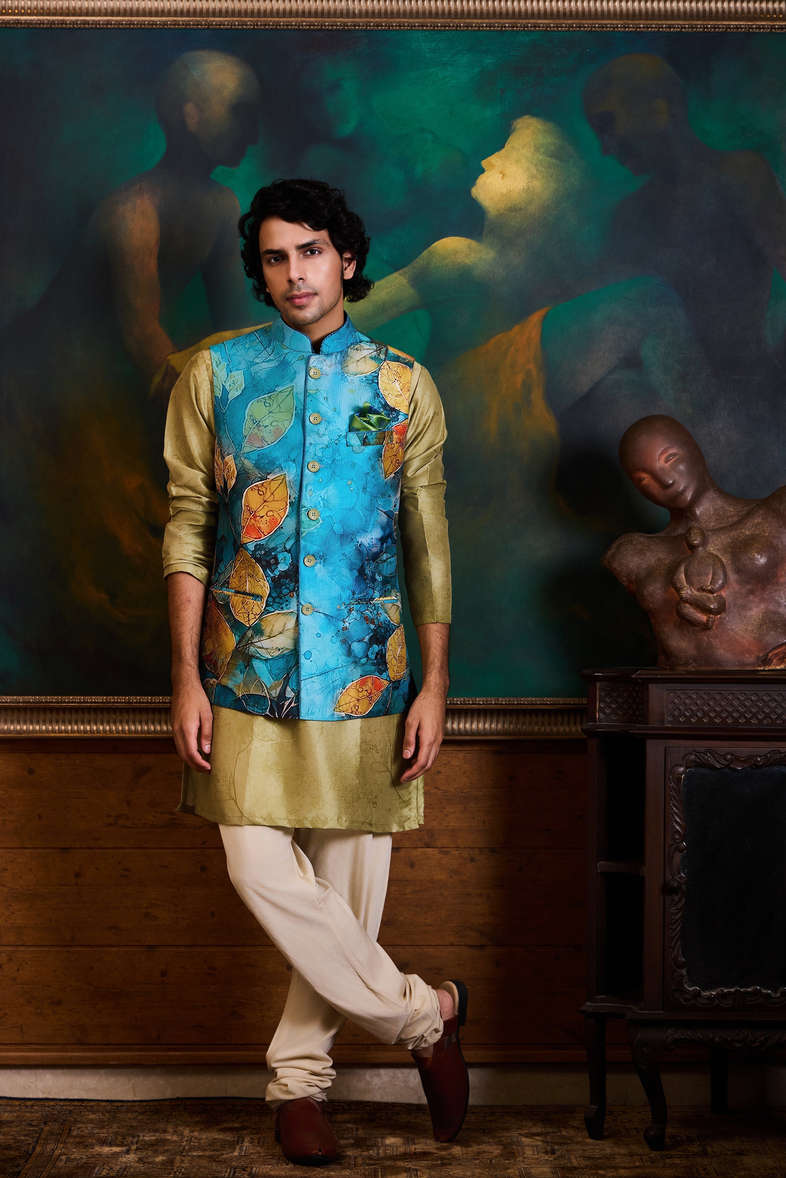 Teal Olive Printed Kurta Bundi Set