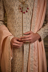 PEACH TWILL TISSUE BROCADE SHERWANI SET
