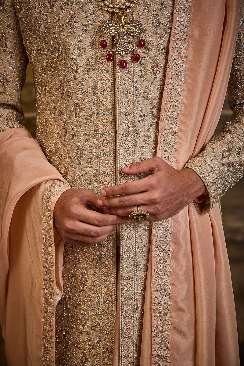PEACH TWILL TISSUE BROCADE SHERWANI SET