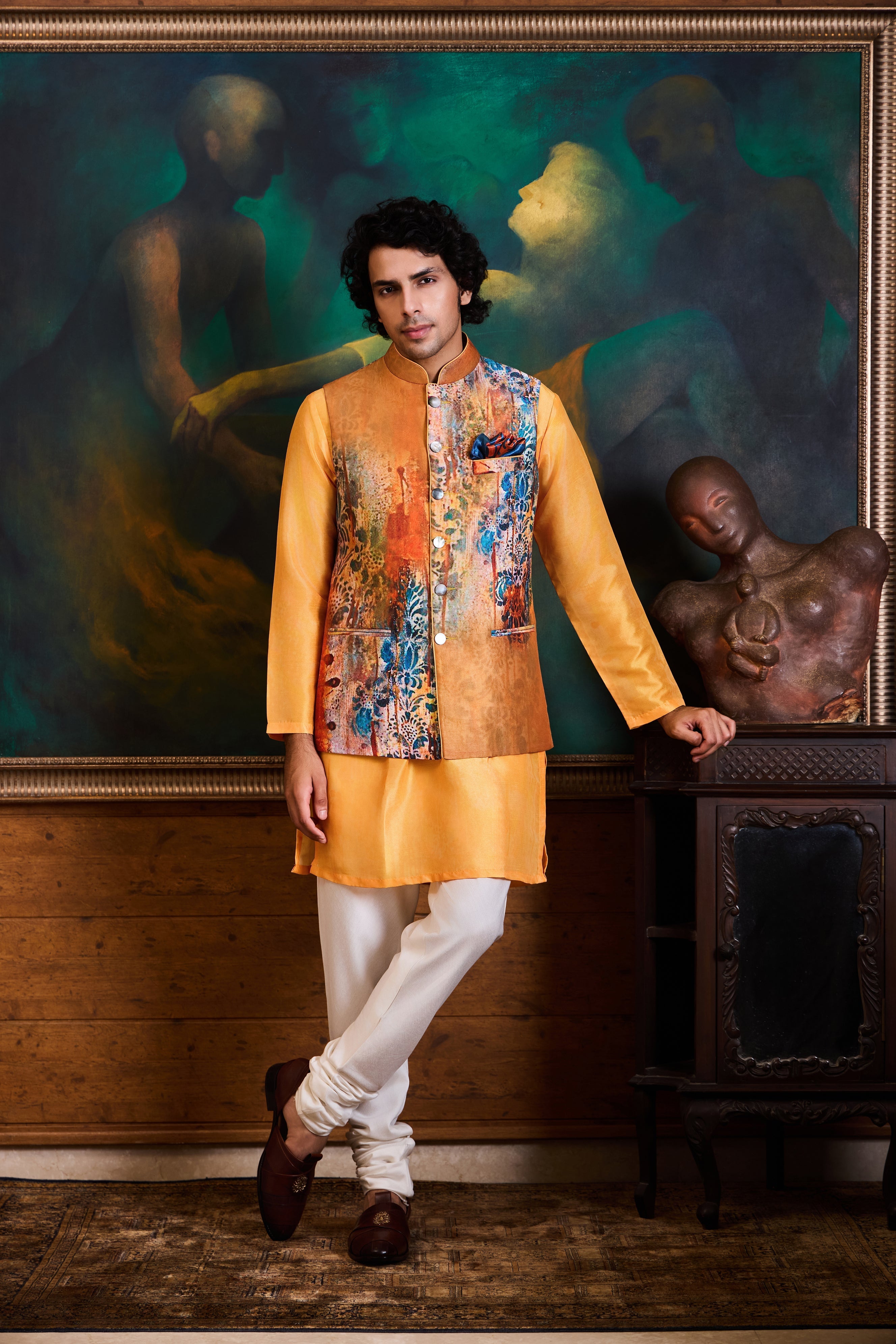 Mustard Yellow Printed Kurta Bundi Set