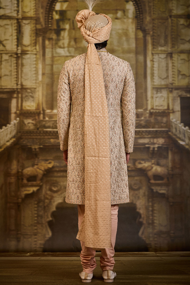 PEACH TWILL TISSUE BROCADE SHERWANI SET