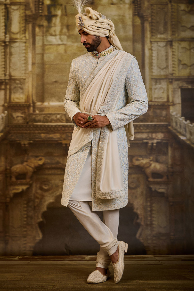 POWDER BLUE TAFFETA SHERWANI SET