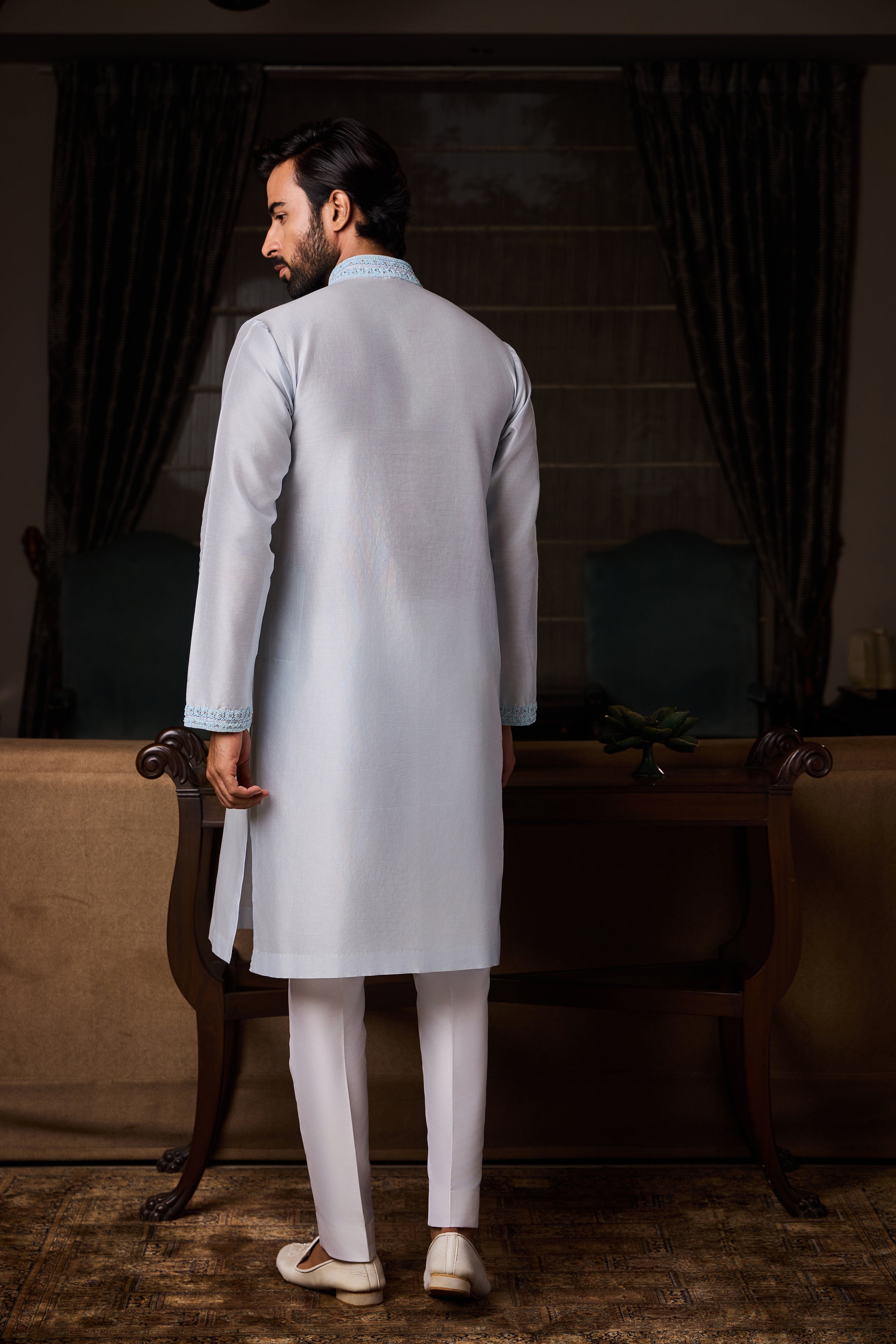 Powder Blue Chanderi Kurta Beadwork Set