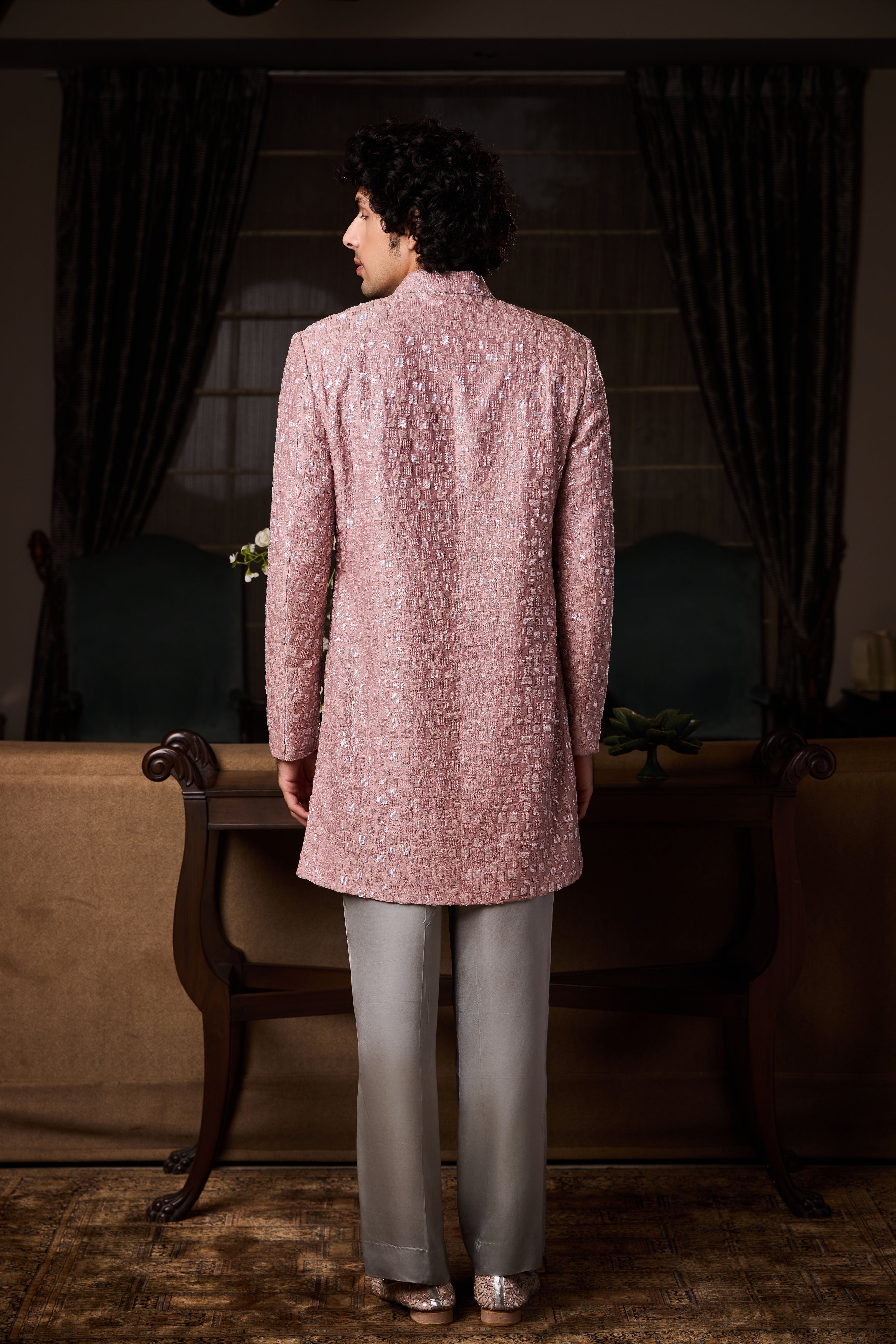 Dusty Rose Pink Short Sherwani Set