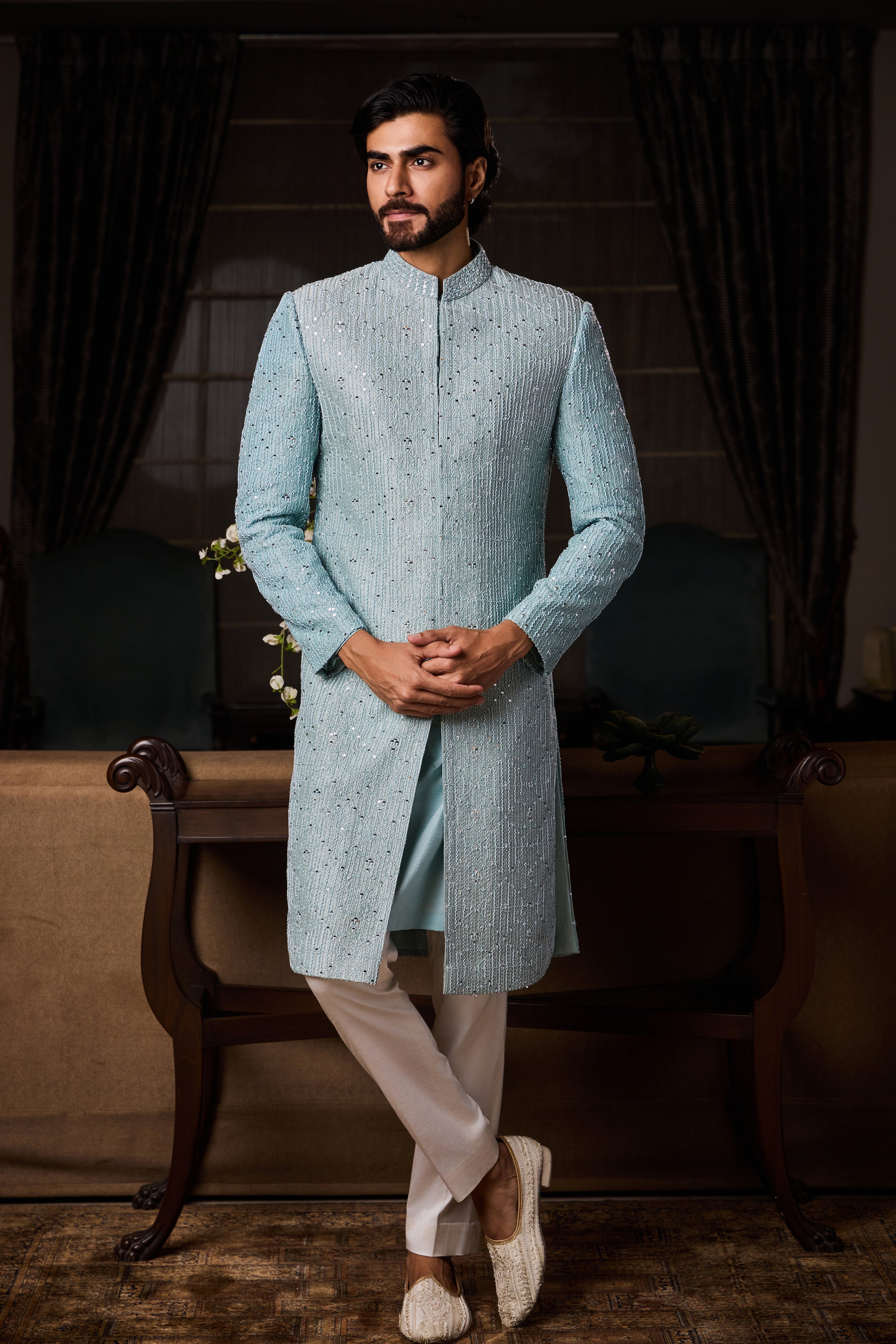 Jade Blue Raw Silk Sherwani Set