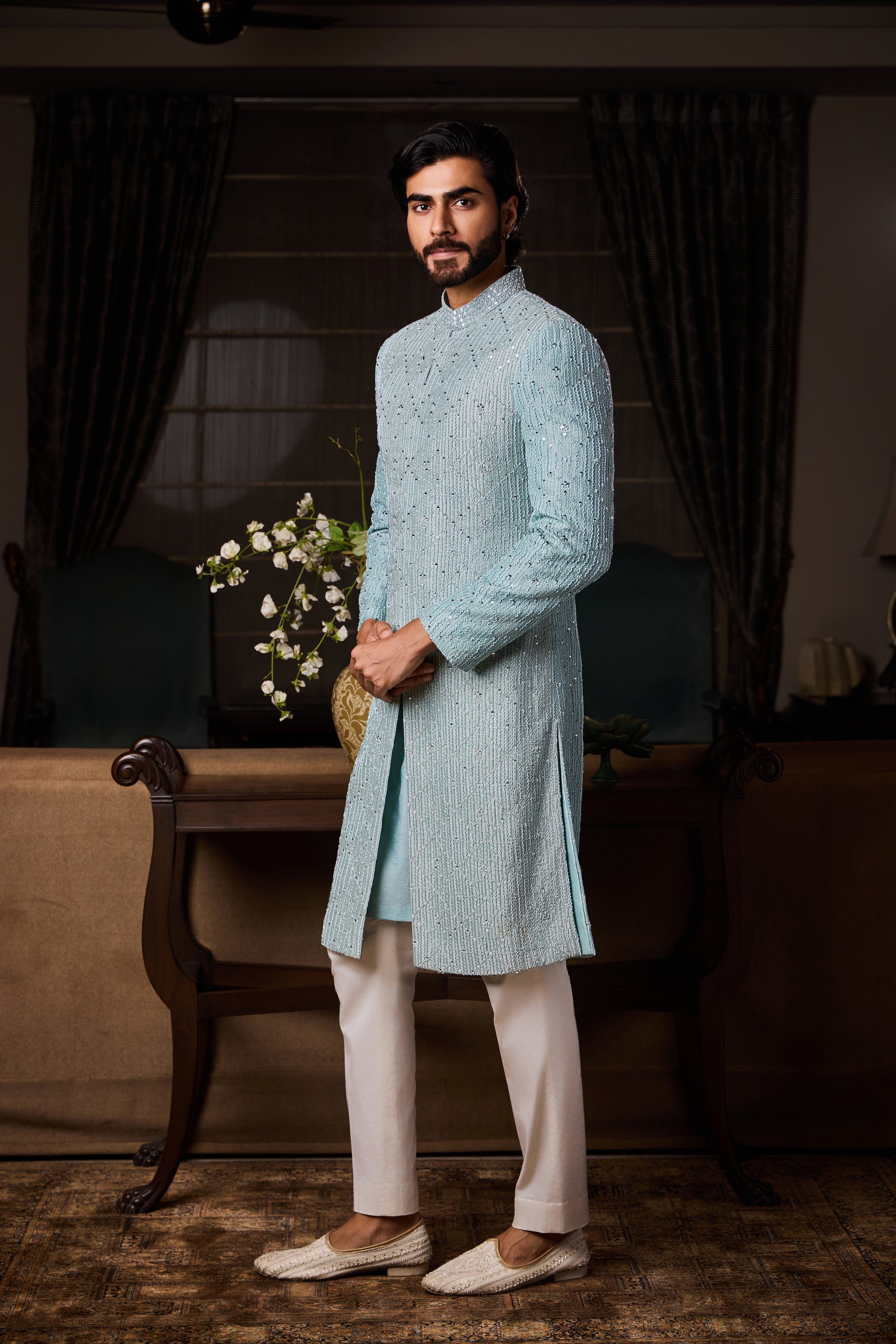 Jade Blue Raw Silk Sherwani Set