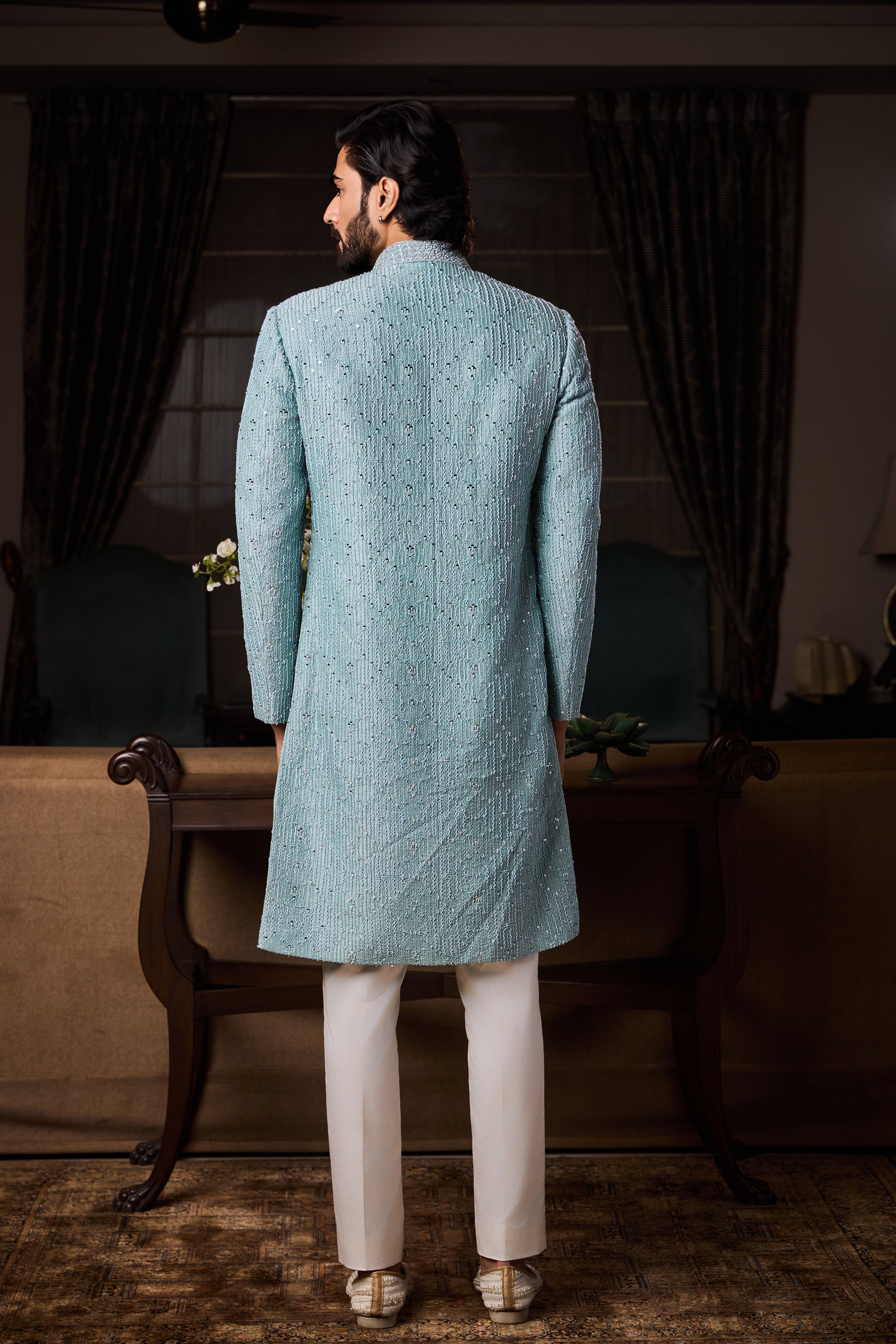 Jade Blue Raw Silk Sherwani Set