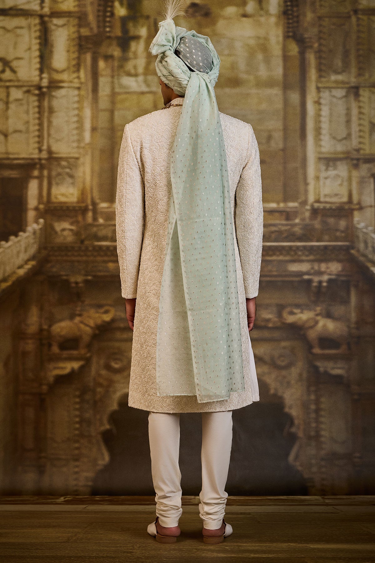 IVORY SELF EMBROIDERED SHERWANI SET