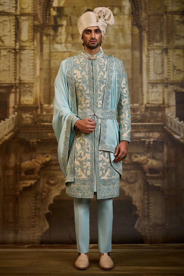 AQUA BROCADE SHERWANI DORI WORK