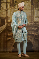 AQUA BROCADE SHERWANI DORI WORK
