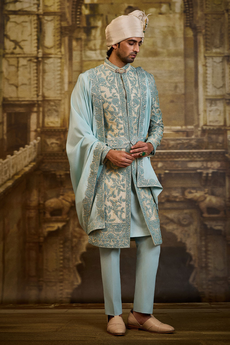 AQUA BROCADE SHERWANI DORI WORK