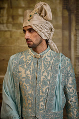 AQUA BROCADE SHERWANI DORI WORK