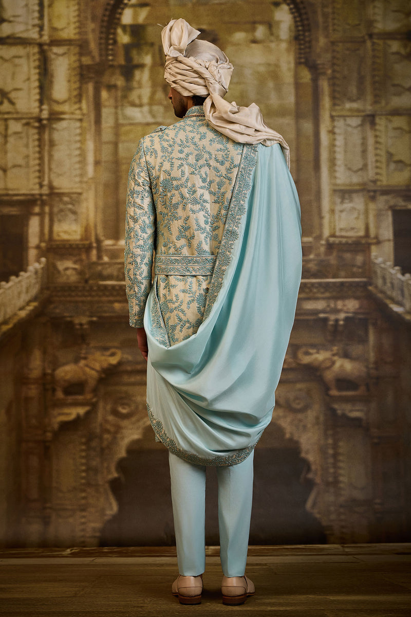 AQUA BROCADE SHERWANI DORI WORK