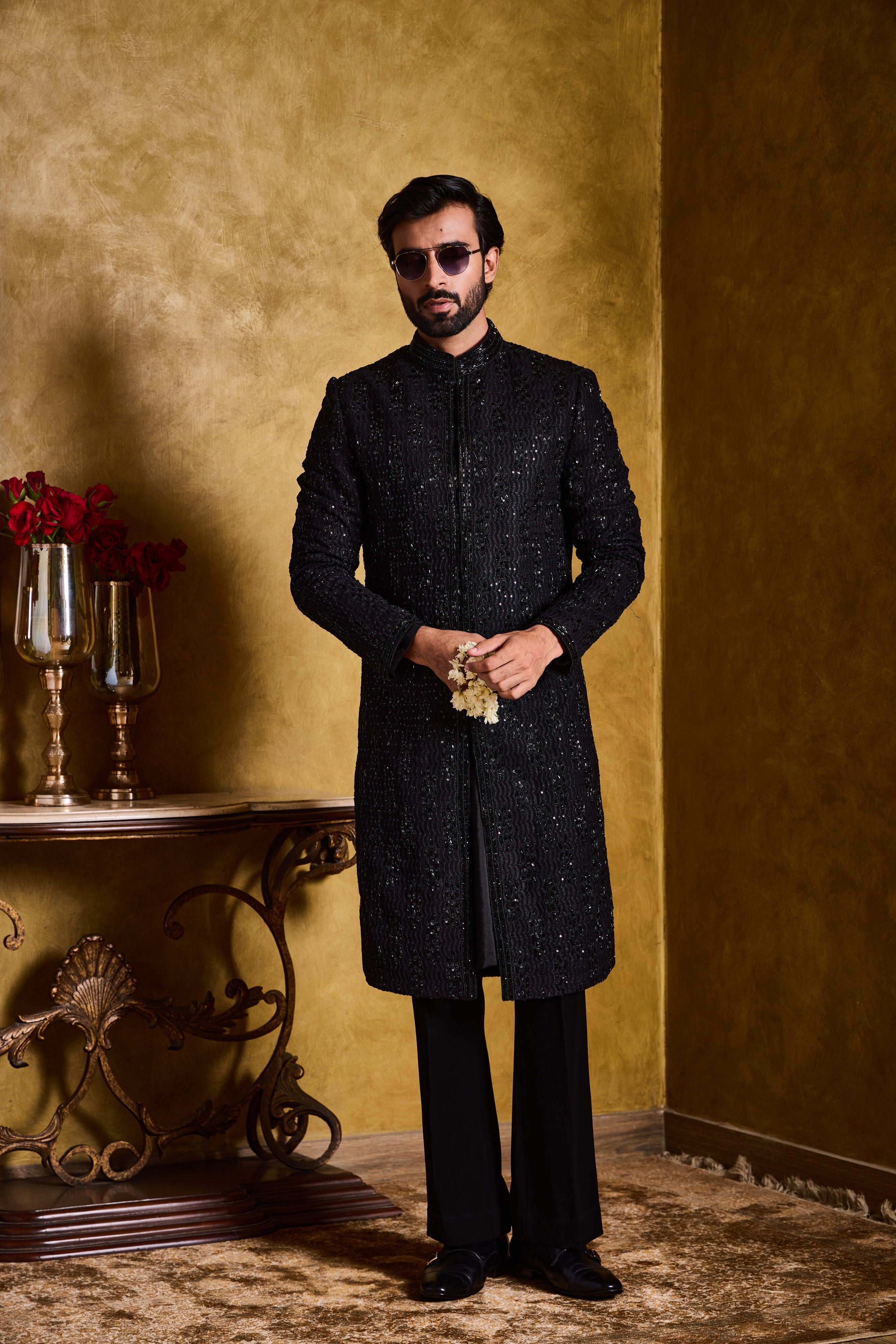 Black Embroidered Sherwani With Kurta And Pant Set