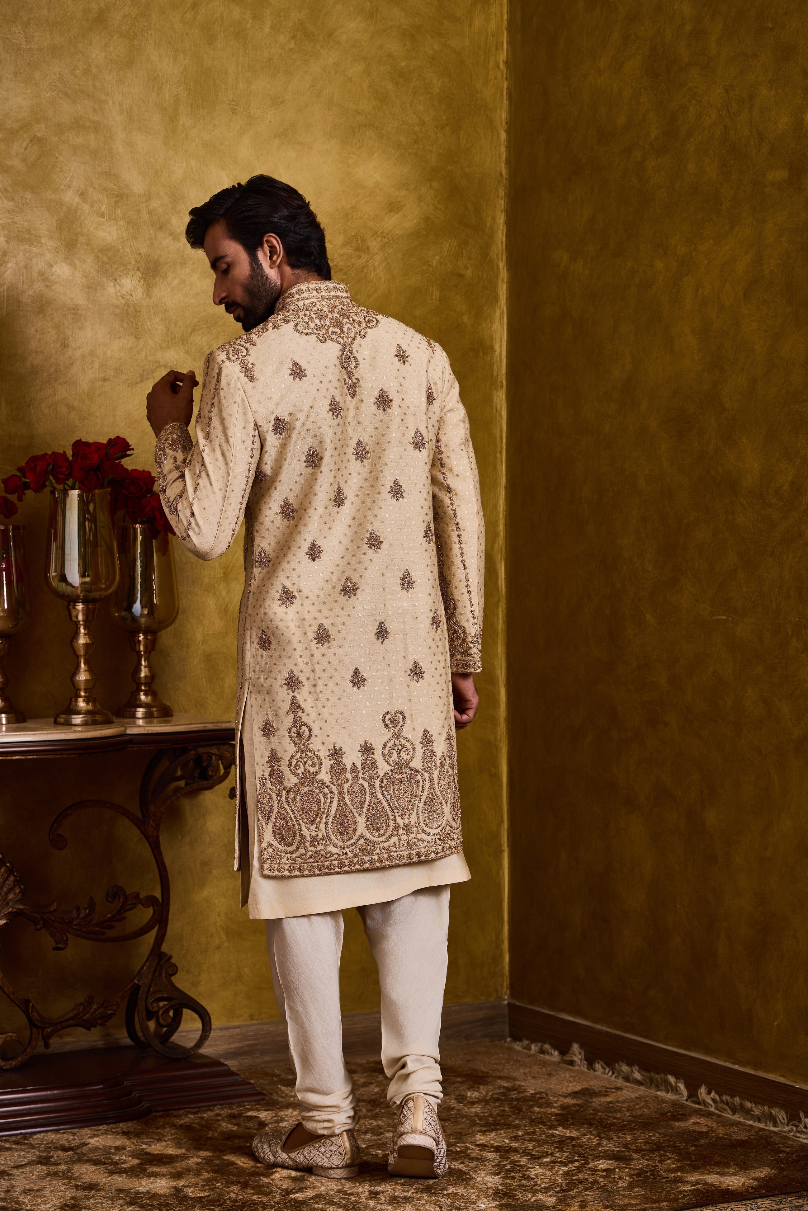 Beige Monga Booti Sherwani Set