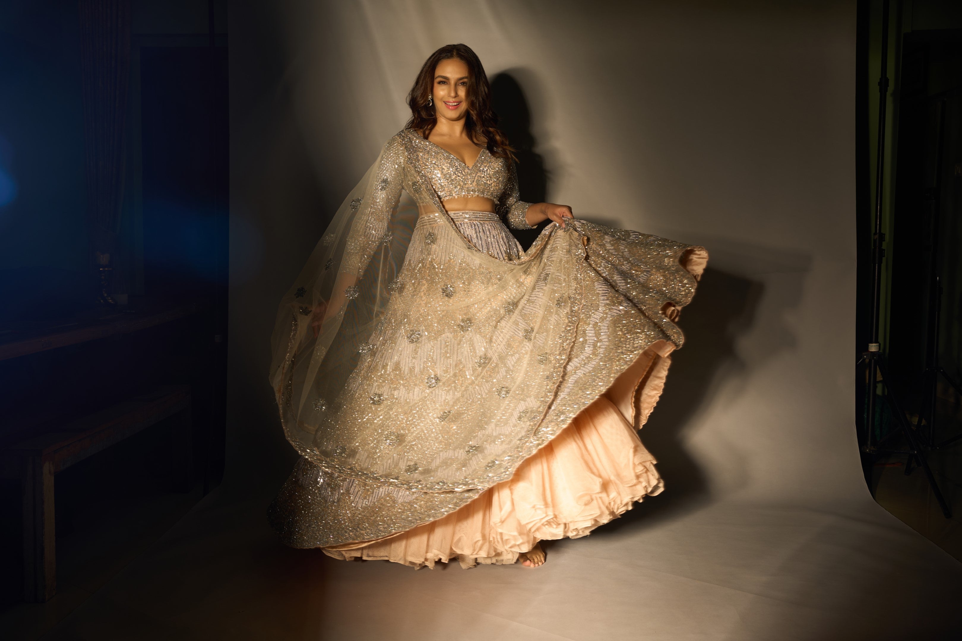 Huma Qureshi In Blush Net Lehenga