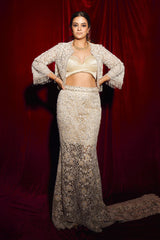 Aakriti Ahuja In Ivory Trail Skirt With Pleated Crop Top And Veil