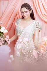 Amna Sharif In Rose Pink Pre-draped  Saree With Trail