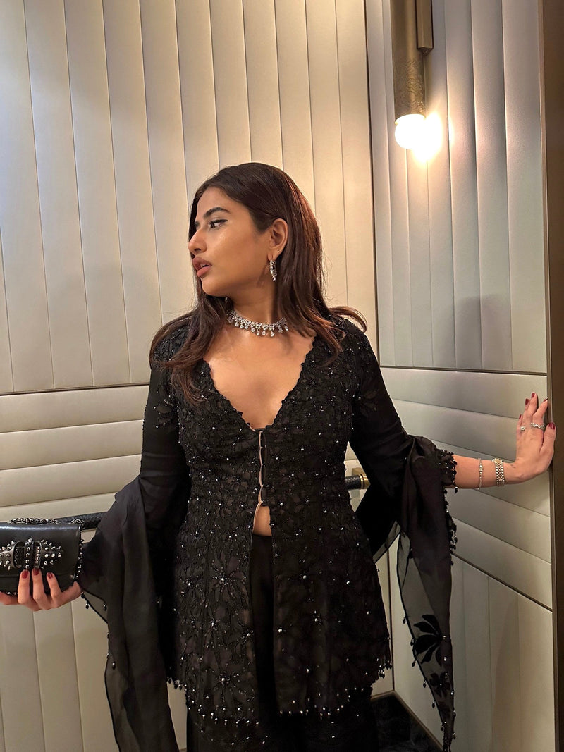 Aishwarya Bendre IN Black Nude Peplum Garara Set With Bustier