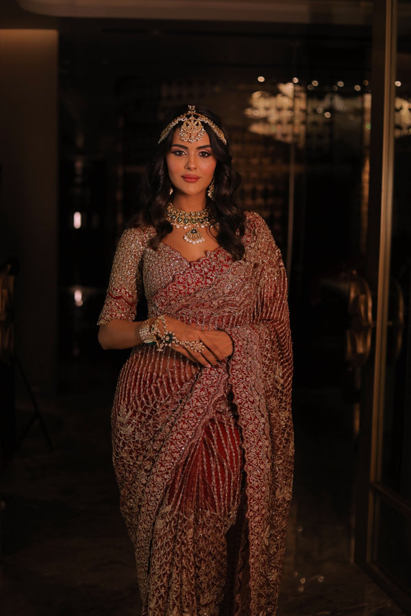 Priyanka Chahar In Maroon Net Embroidered Saree Blouse With Petticoat