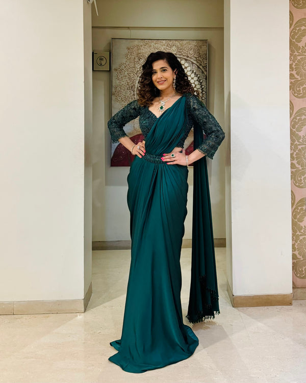 Kamiya Jani In Bottle Green Draped Saree