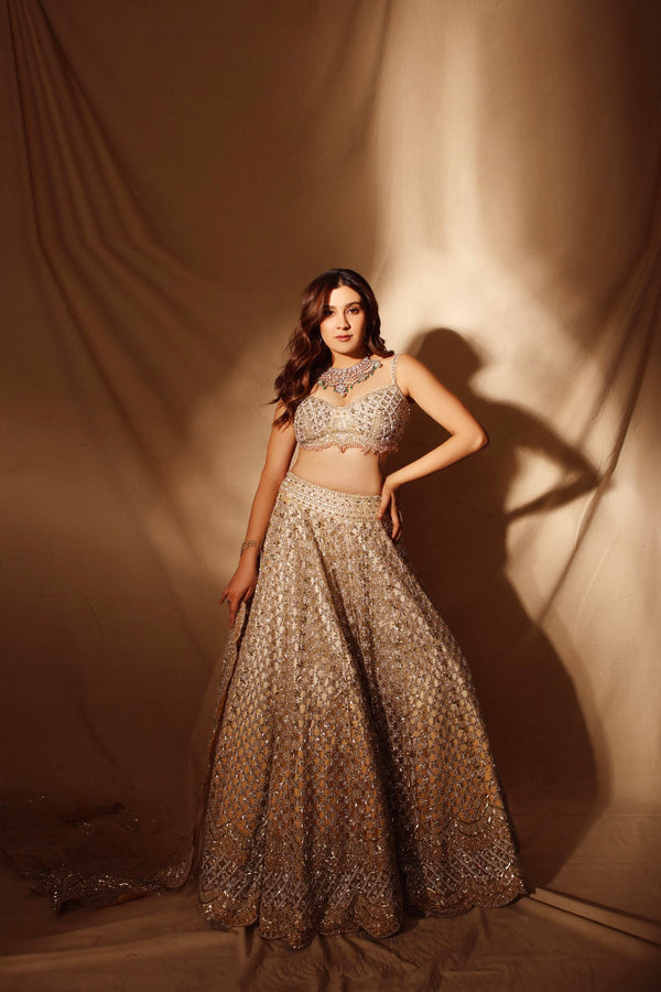 Aastha Gill In Beige Ombre Lehenga Choli With Net Dupatta