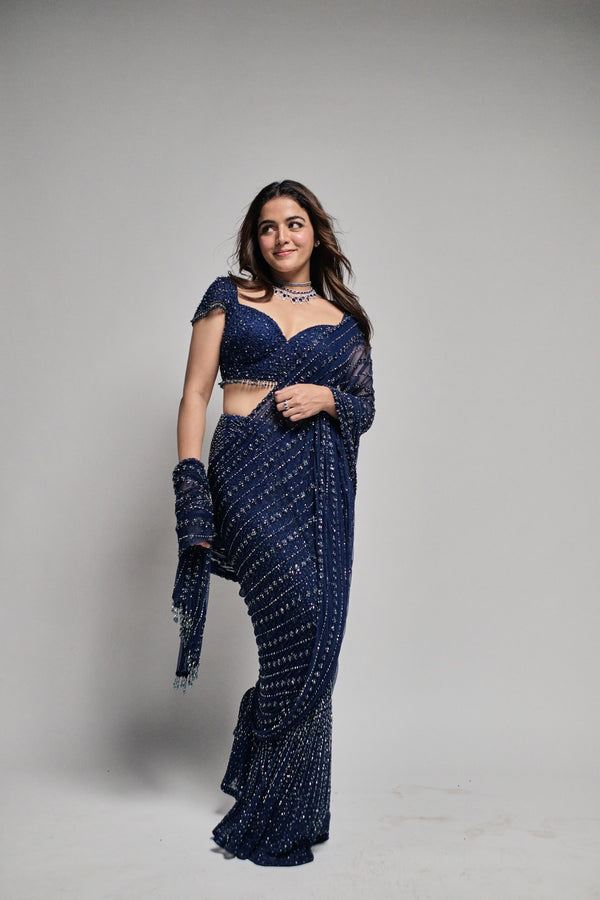 Wamiqa Gabi In Cobalt Blue Net Draped Saree