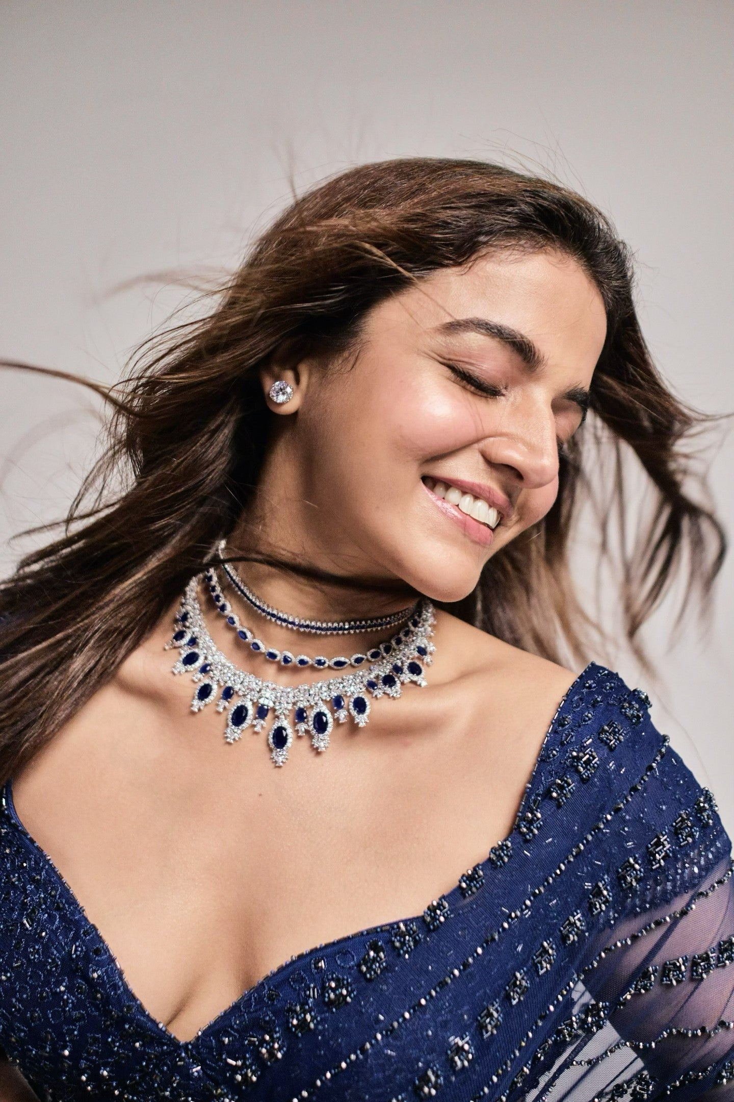 Wamiqa Gabi In Cobalt Blue Net Draped Saree