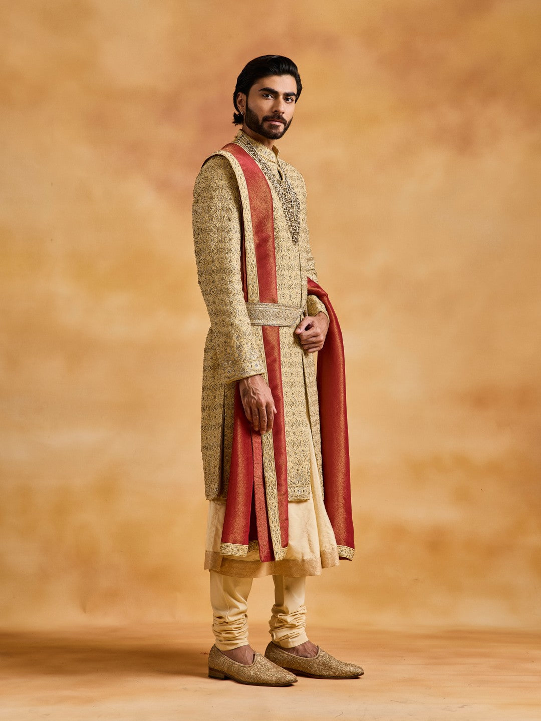 GOLD RAW SILK SHERWANI WITH CHOGA AND CHURIDAR