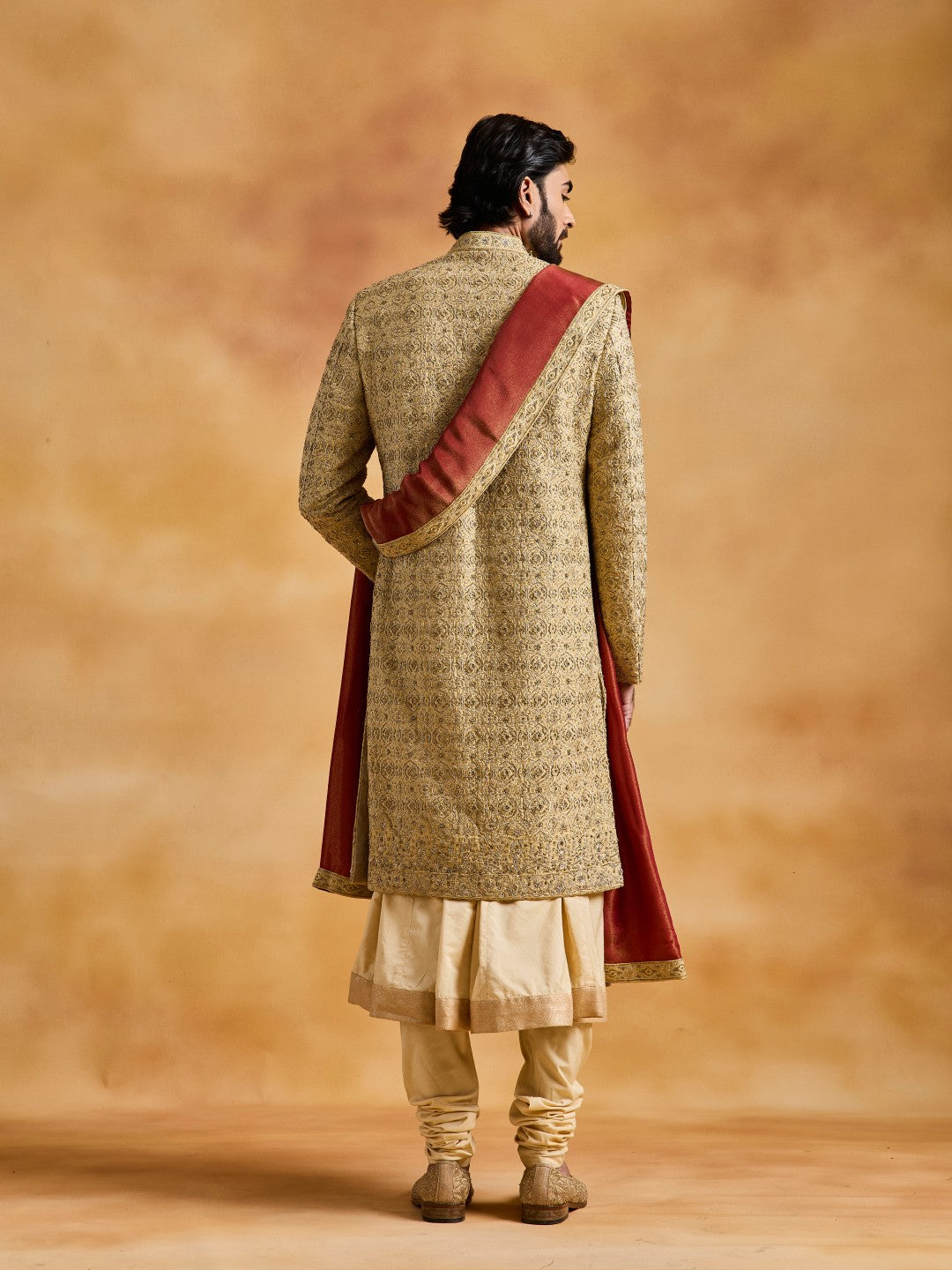 GOLD RAW SILK SHERWANI WITH CHOGA AND CHURIDAR