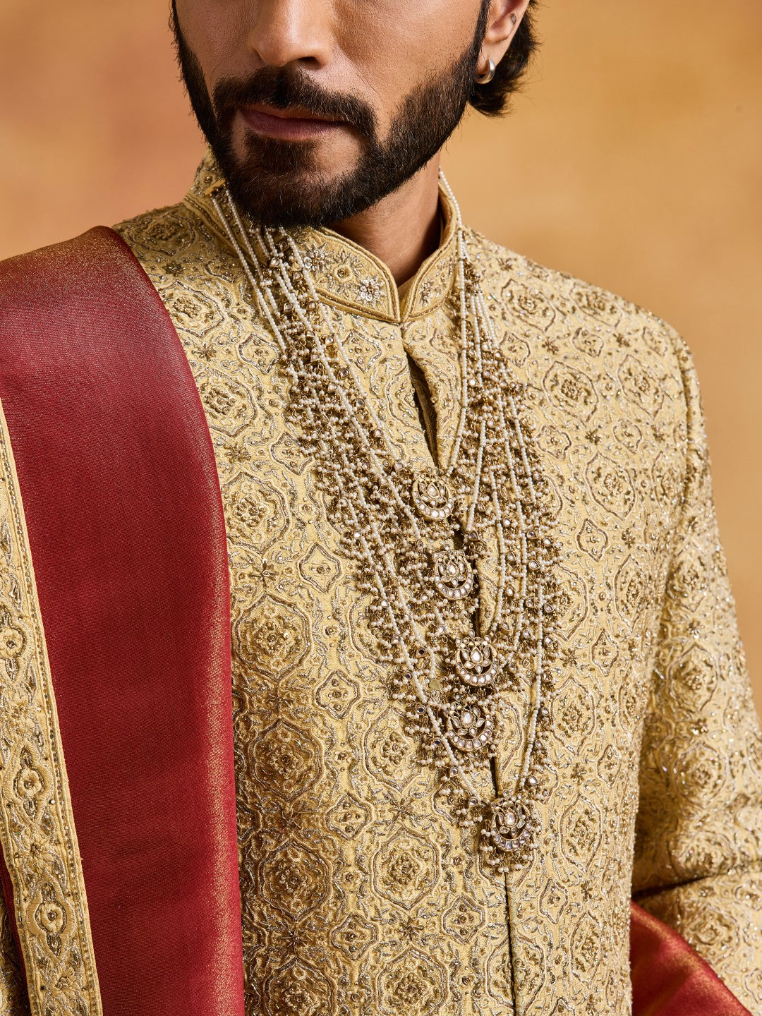 GOLD RAW SILK SHERWANI WITH CHOGA AND CHURIDAR