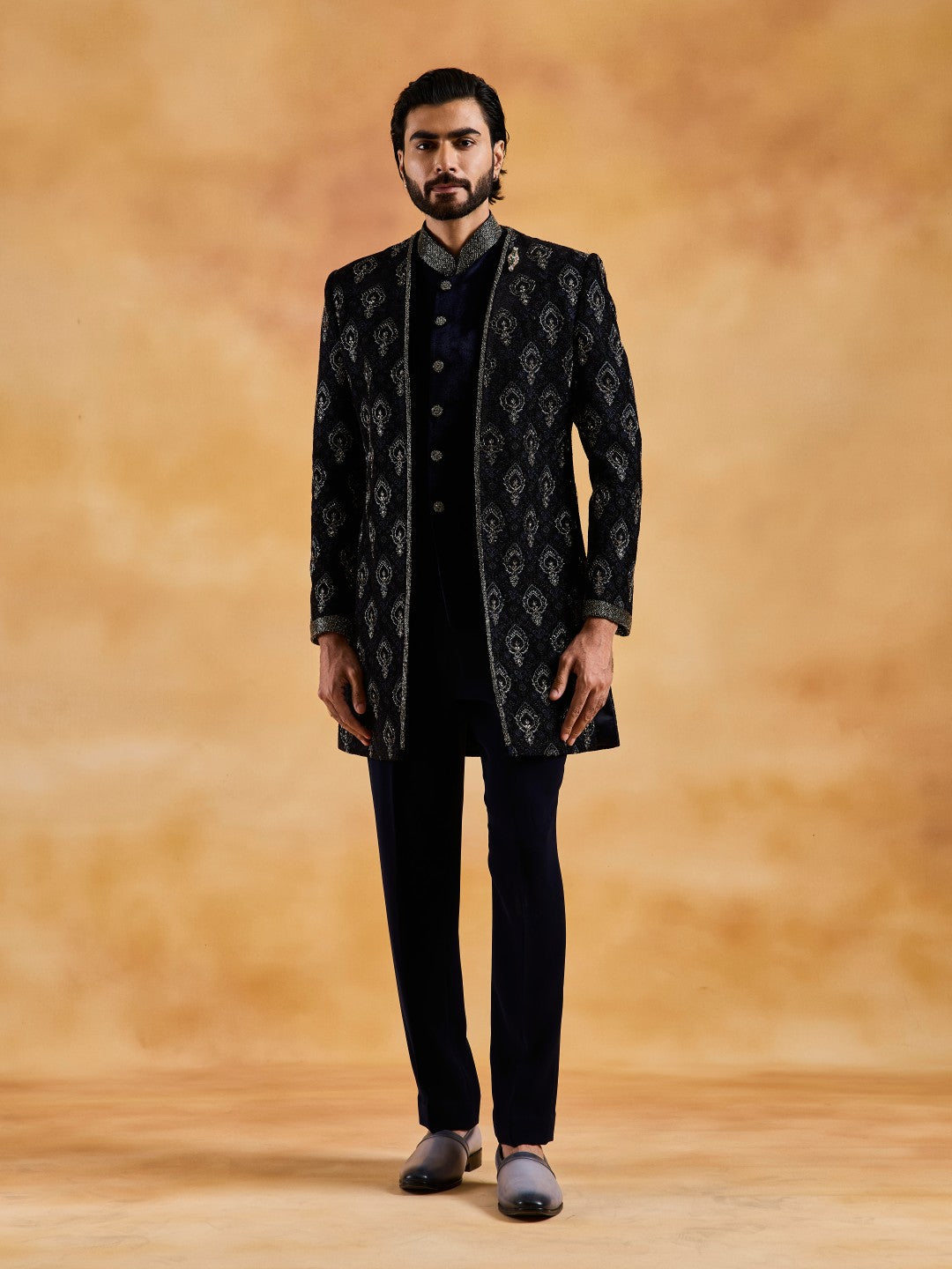NAVY VELVET OPEN JACKET WITH BUNDI AND PANT