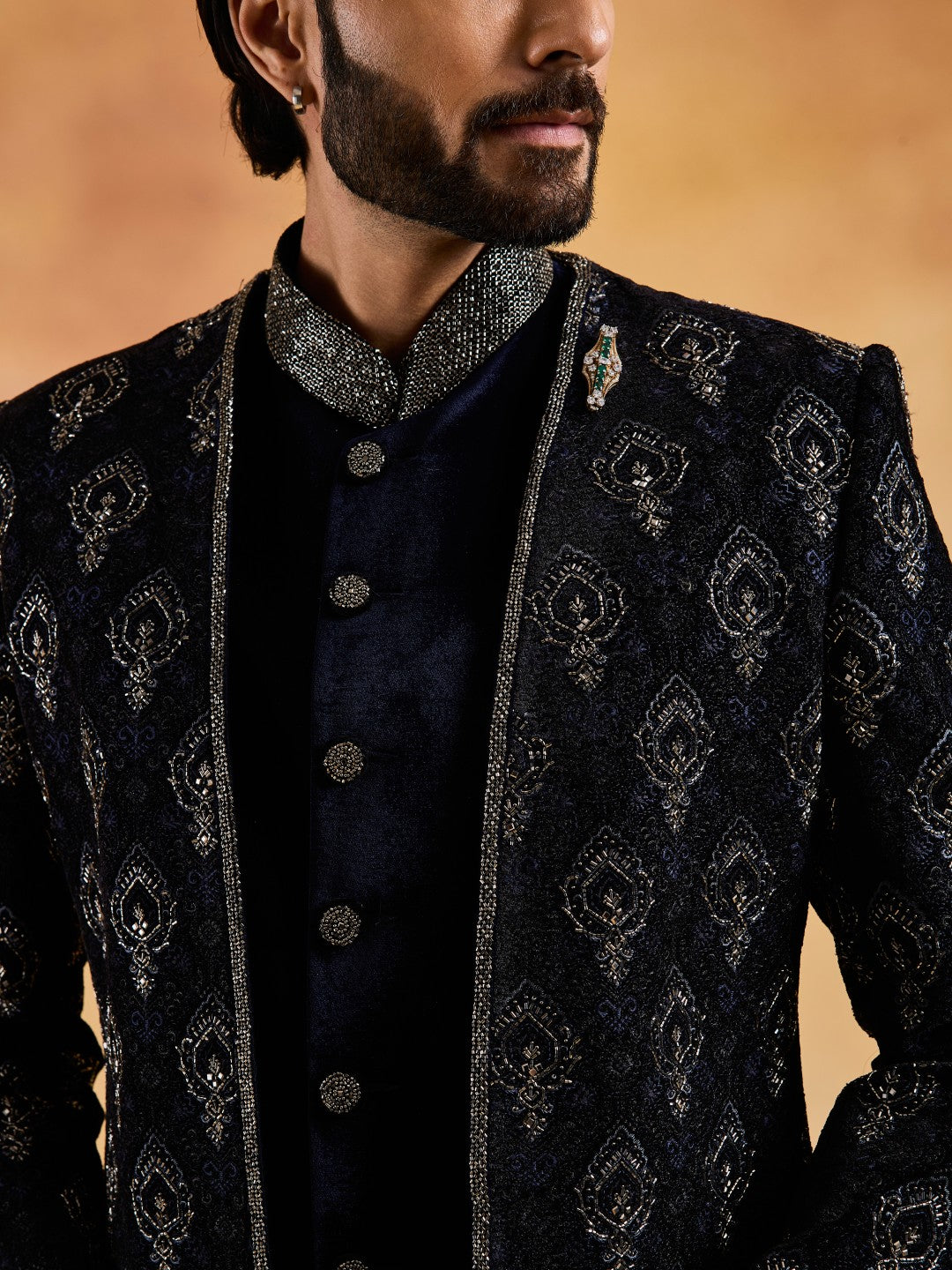 NAVY VELVET OPEN JACKET WITH BUNDI AND PANT
