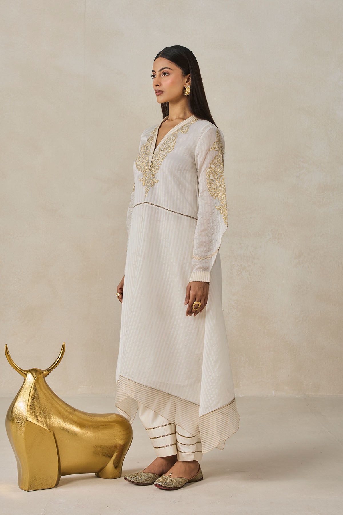 Chanderi Front Open Assymetrical Kurta With Pant