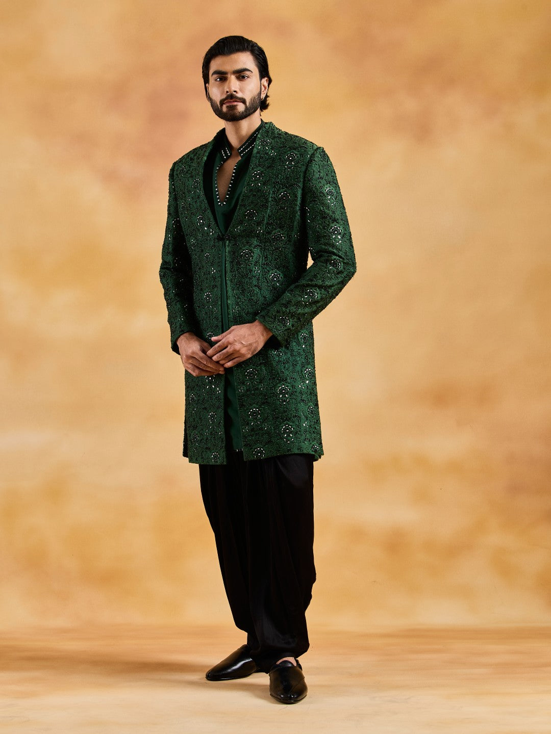 EMERALD GREEN OPEN JACKET KURTA SALWAR SET
