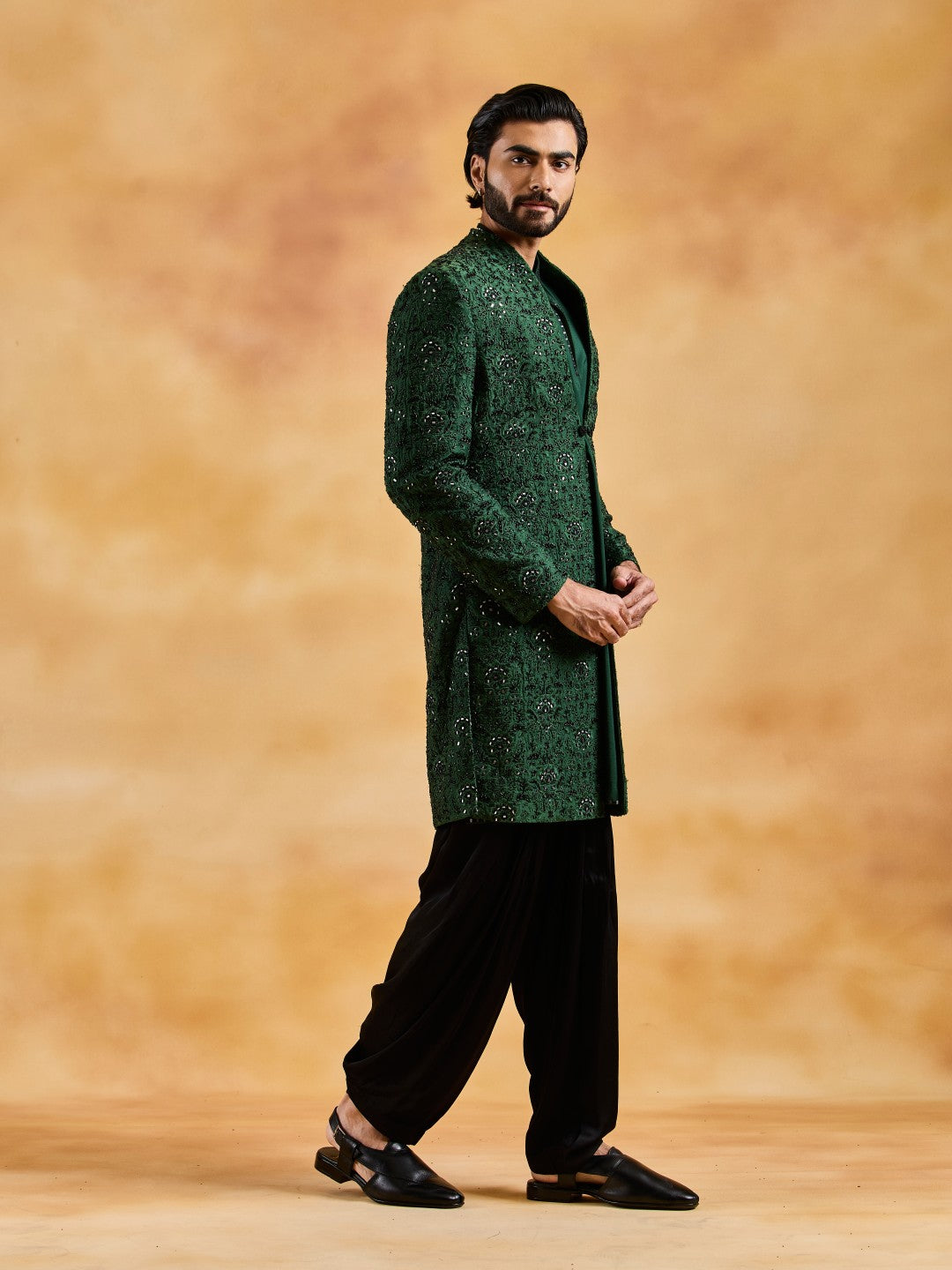 EMERALD GREEN OPEN JACKET KURTA SALWAR SET