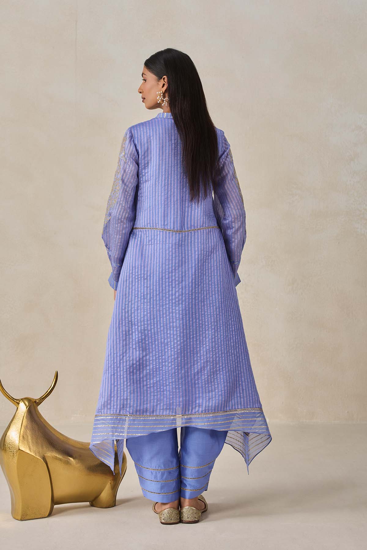 Chanderi Front Open Assymetrical Kurta With Pant
