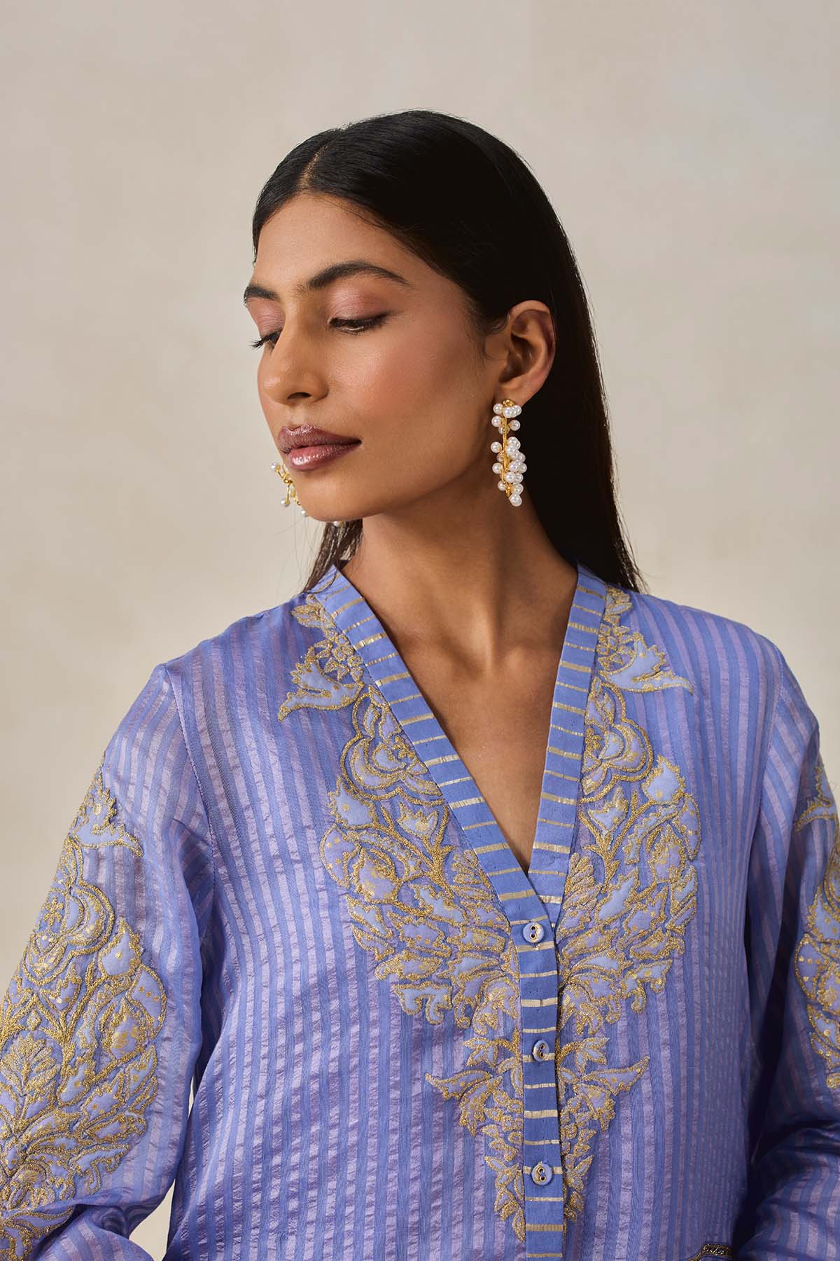 Chanderi Front Open Assymetrical Kurta With Pant
