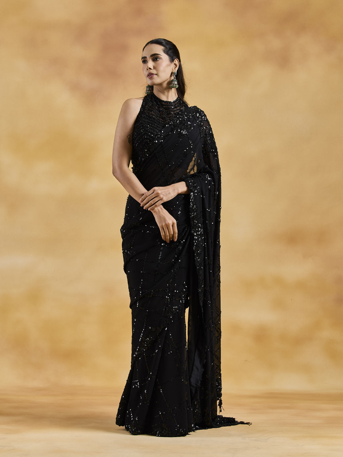 Black Geometric Saree Set