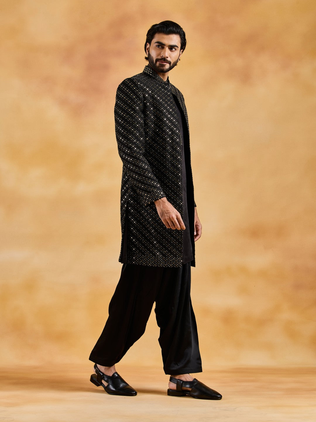 BLACK OPEN SHERWANI WITH KURTA AND SALWAR