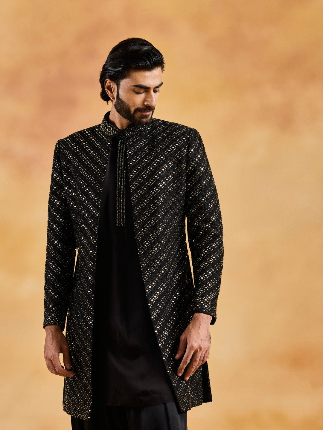 BLACK OPEN SHERWANI WITH KURTA AND SALWAR