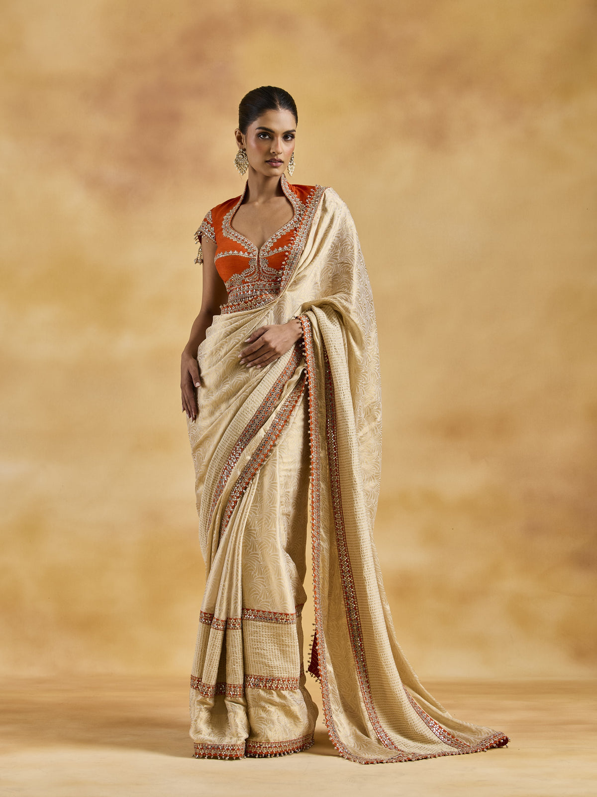 Orange Ivory-Gold Saree Set