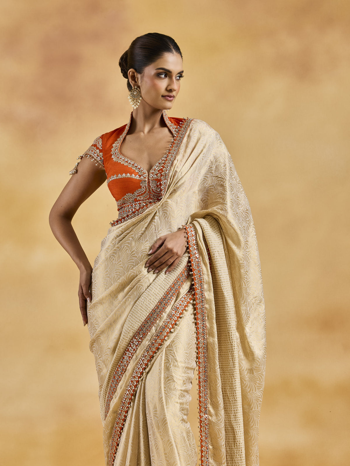 Orange Ivory-Gold Saree Set
