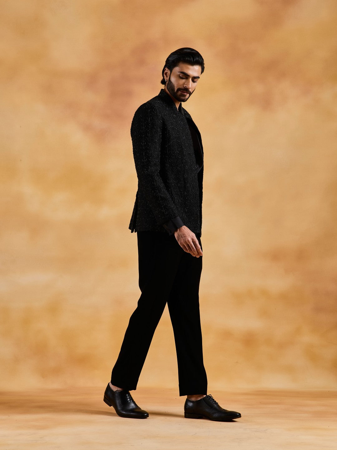 BLACK OPEN JACKET WITH COWLED SHIRT AND PANT