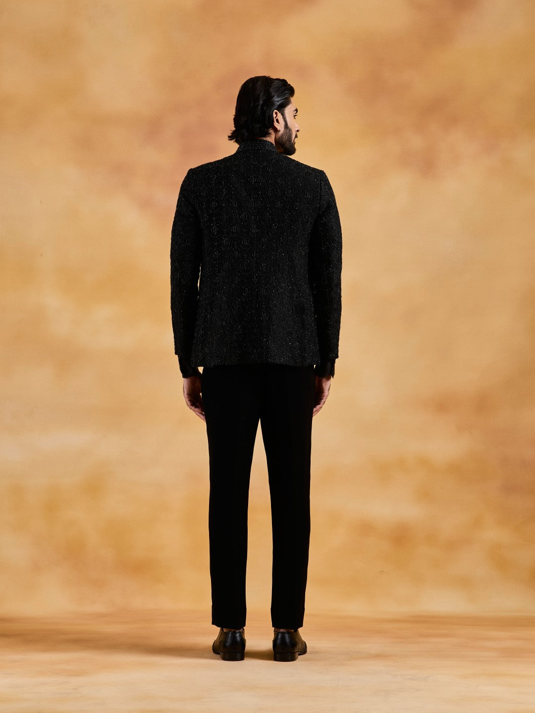 BLACK OPEN JACKET WITH COWLED SHIRT AND PANT